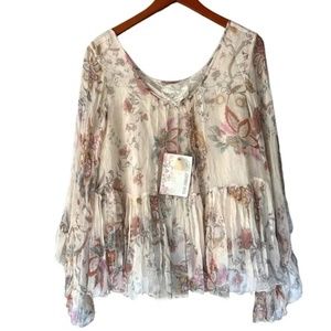 Johnny Was Love Floral Silk Ruffle Flutter Sleeve Bohemian Top NWOT